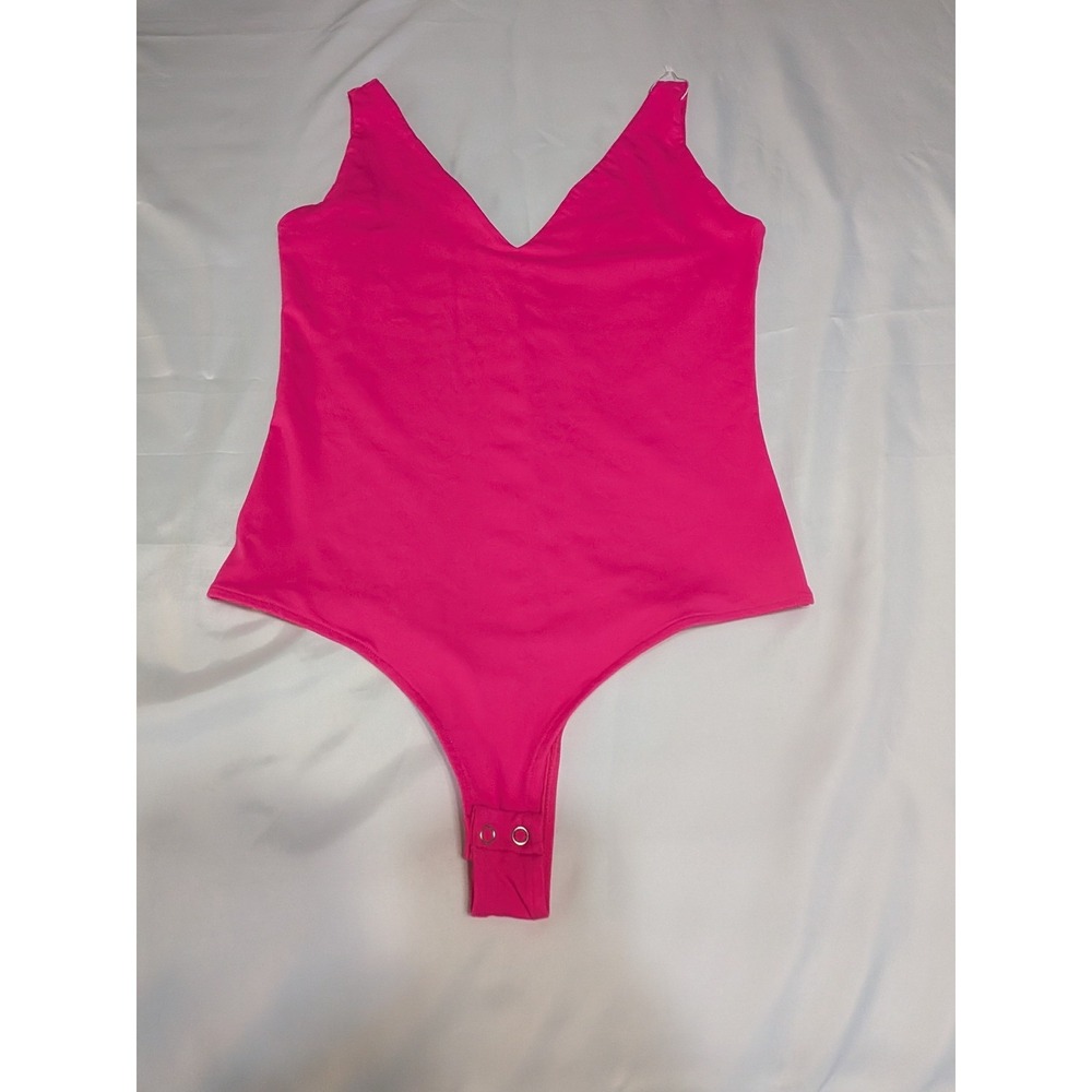 REORIA V Neck Bodysuit Women L Hot Pink‎ Excellent Sleeveless Thong Snap Bottom